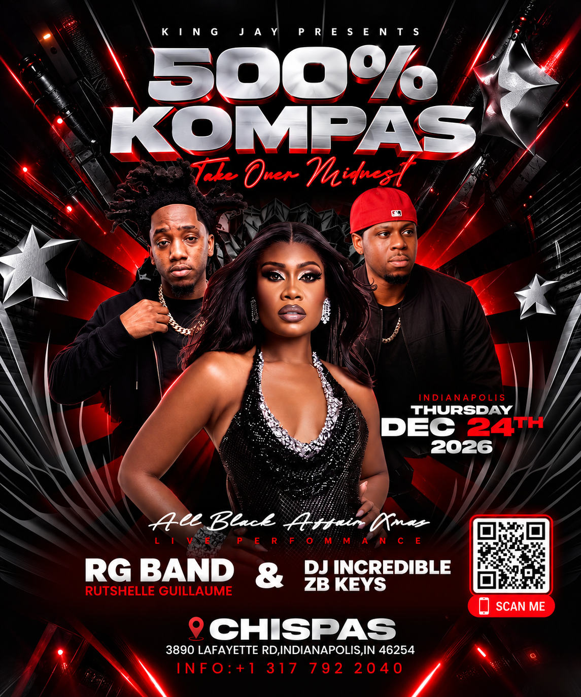 500% Kompas — Official event flyer. December 24, 2026 at Chispas, Indianapolis.