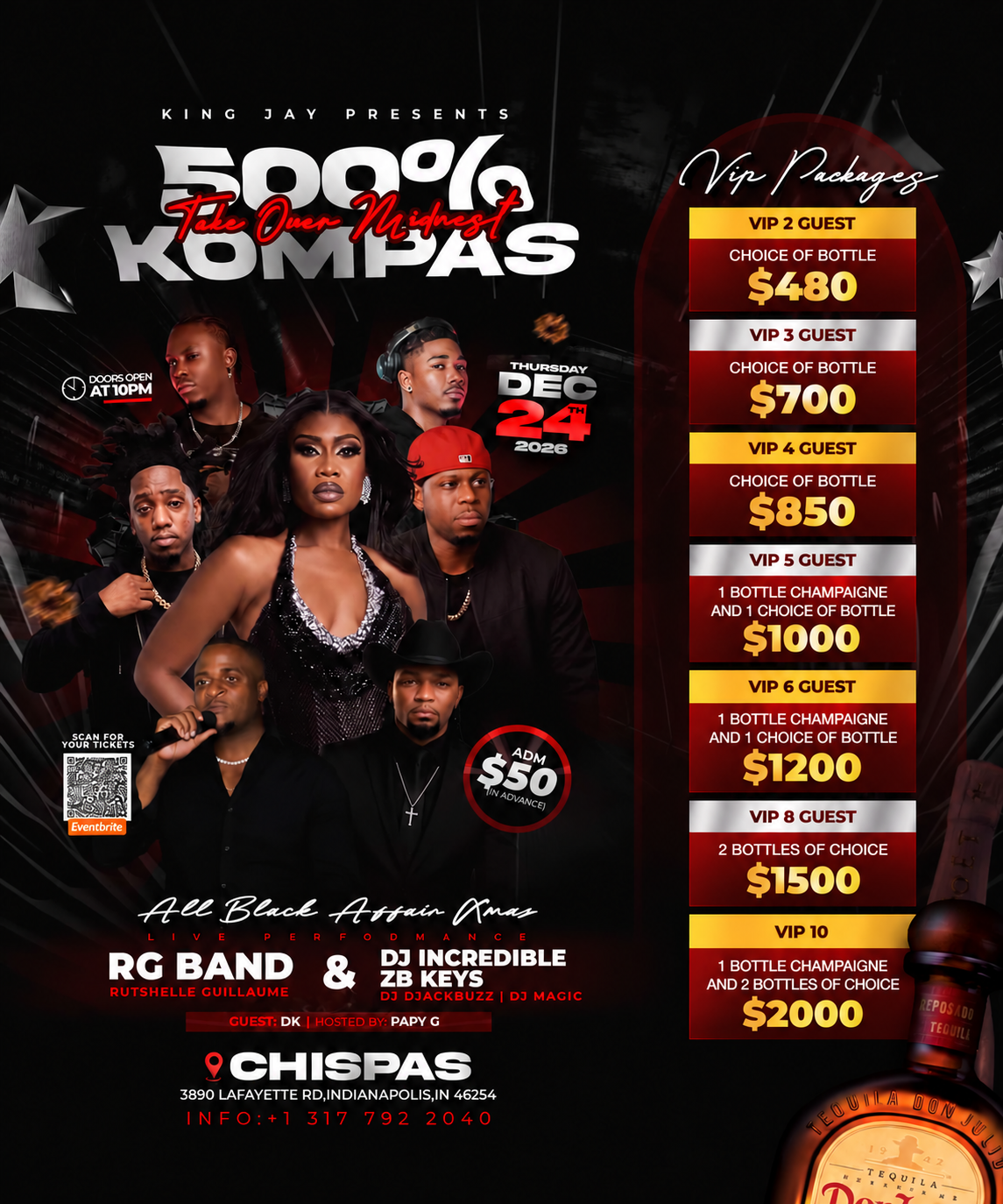 500% Kompas — VIP packages & bottle service. December 24, 2026 at Chispas, Indianapolis.